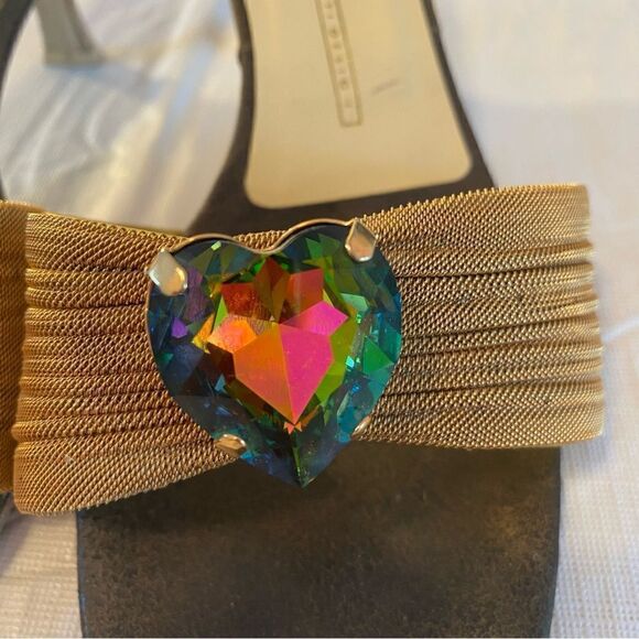 Gold Tone Mesh Open Toe Kitten Heel Sandal w/ Iridescent Heart Shaped Jewel. - Picture 9 of 12